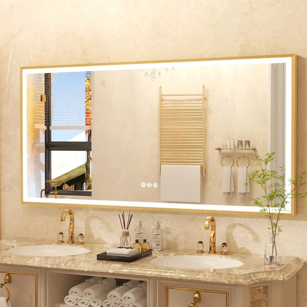 Illuminated Bathroom Mirror Gold Frame Wall Mounted Bathroom Vanity Mirror with LED Lights 3 Color Dimming Defog