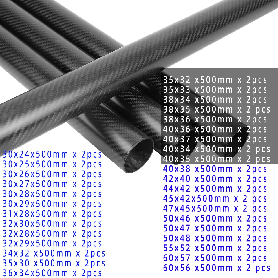 2pcs/lot 3K Carbon Fiber tube OD30 31 32 34 35 36 38 40 42 44 47 50 55 60 500mm length High Quality Twill Matte Wound Tube