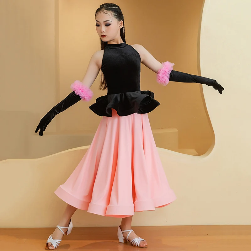 Kinder Mädchen Samt Walzer Ballsaal Dancewear Wettbewerb Kleider Herbst Winter Professionelle Tanz Kostüm Rumba Moderne Kleidung