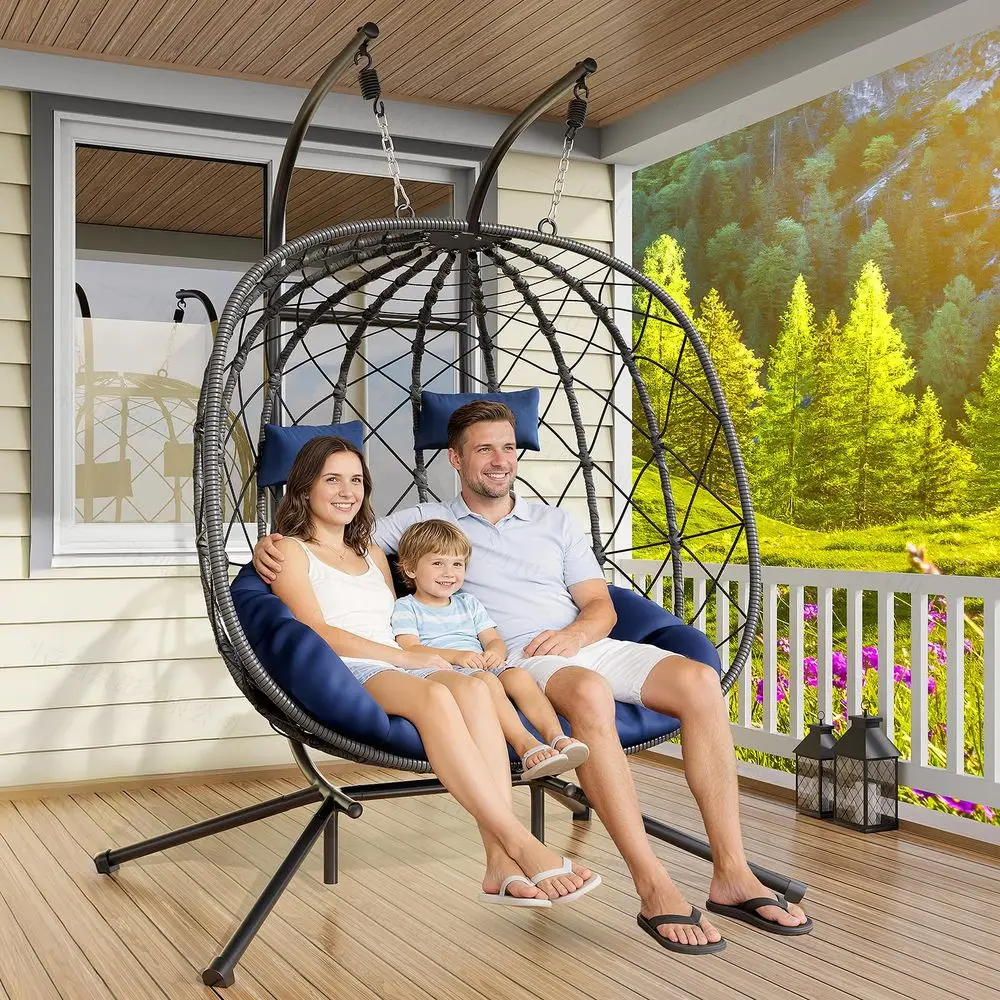 

Double Egg Swing Chair with Stand 2 Person Outdoor Patio Hanging Wicker Hammock Chair with Cushion, Dark Grey, for Garden, Lawn