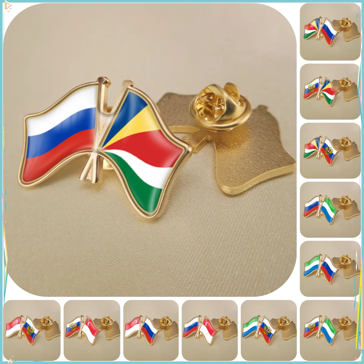 Russian Federation and Seychelles Sierra Leone Singapore Double Crossed Friendship Flags Brooches Lapel Pins Badges