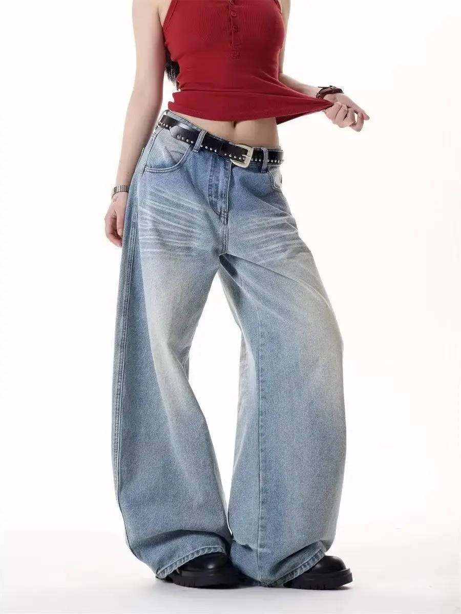 Y2K Frauen Hohe Taille Breite Bein Jeans Katze Kamm Druck Abnehmen Hosen Herbst Lose Fit Casual Hosen