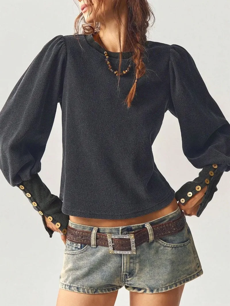 Women Autumn Winter Waffle Knit Sweatshirt Solid Long Sleeve Button Cuff Cropped Top Vintage Loose Casual Warm Pullover Blouse