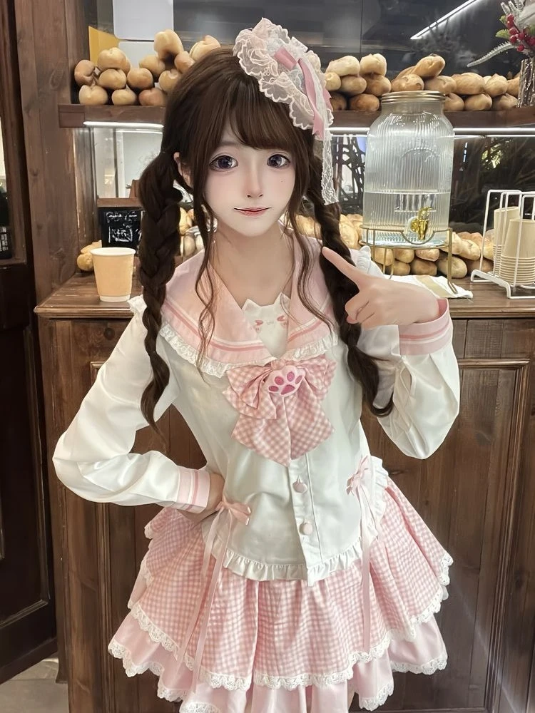 Japanese Lolita 2000s 2 Piece Skirt Sets Sweet Kawaii Bow Long Sleeve Tops + Plaid Cake Mini Skirt Y2k Harajuku Vintage Suits