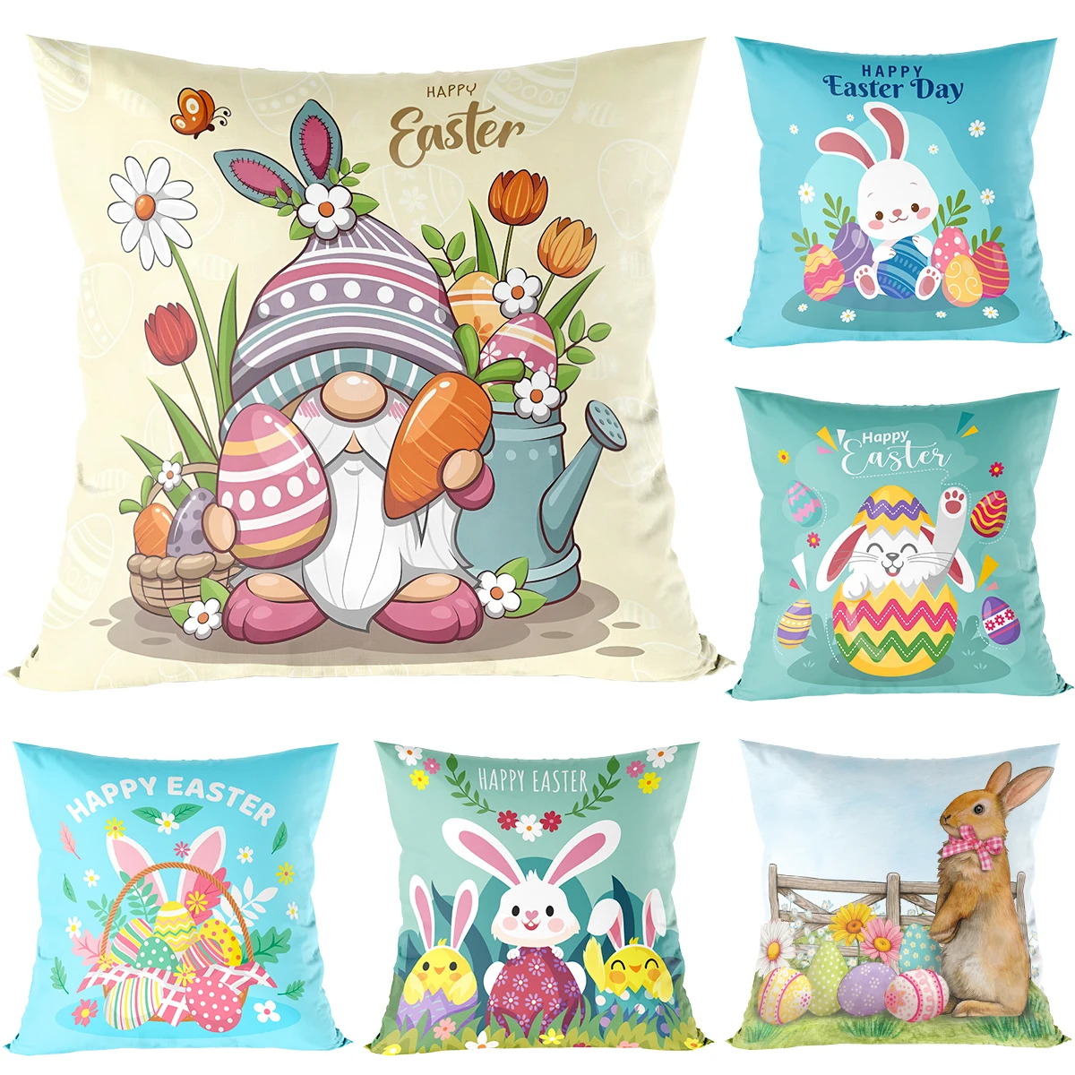 Easter Bunny Eggs Pillowcase 45x45cm Linen Pillow Covers Rabbit Easter Decorations Favors Home Decorative Sofa Cushion Cover