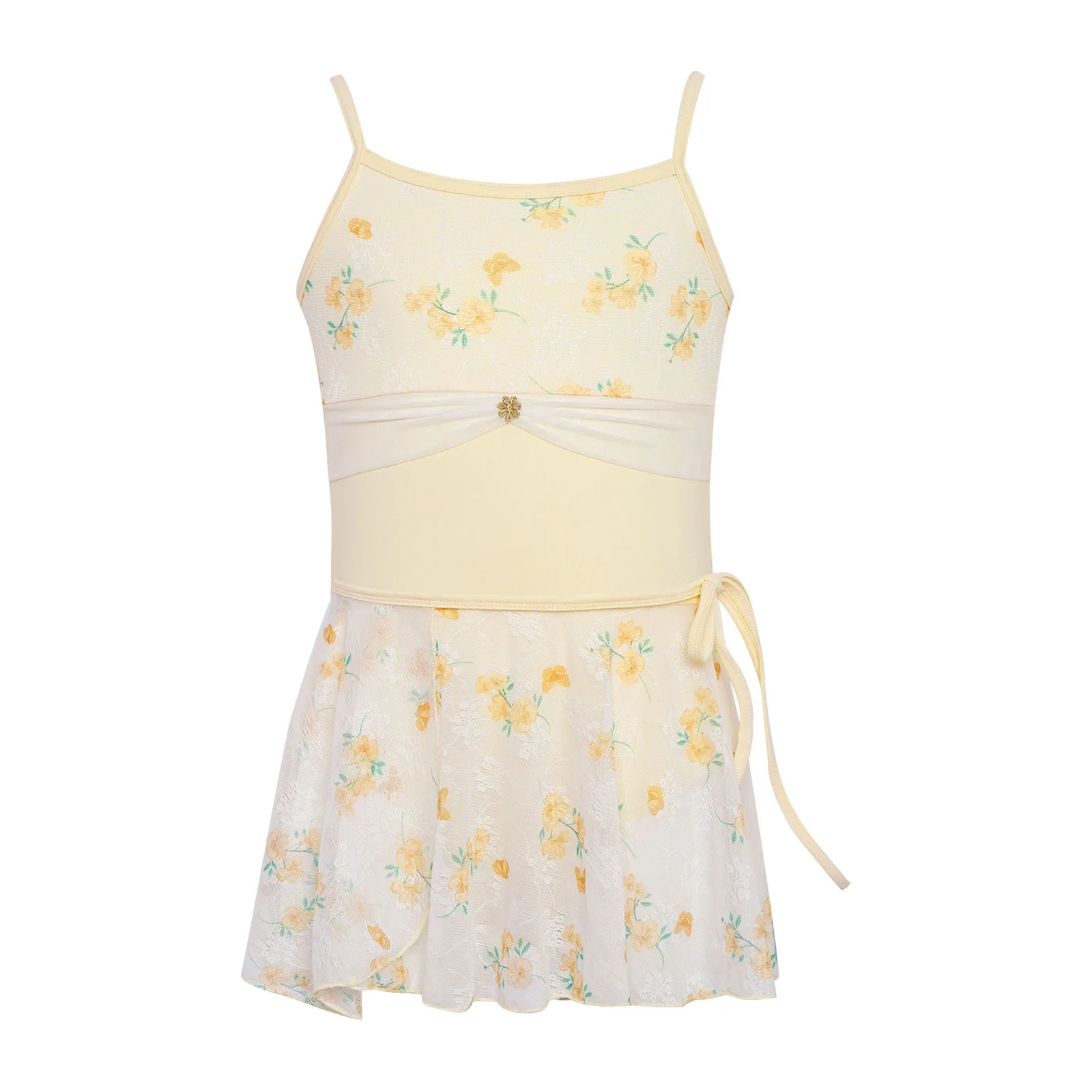 

‌2025 Trendy Floral Print Dance Costume Set Comfortable Patchwork Leotard with Lace-up Sheer Mesh Skirt for ‌Kids Girls Dancers