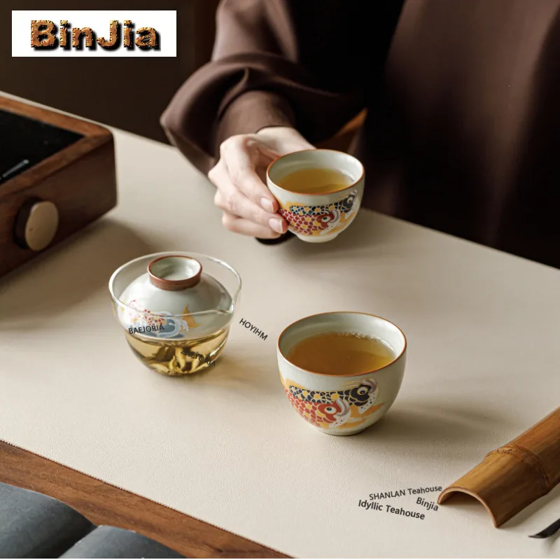 

Beige Ru Kiln Dragonfish Travel Tea Set Kit Retro 1 Pot 3 Cups Tea Maker Organizer Portable Camping Stock Bags Tea Services