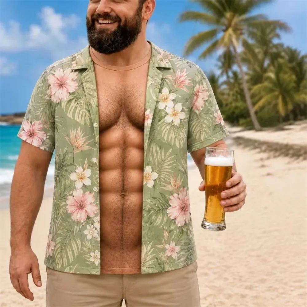 Funny Men 3D Fake Muscle Hawaiian Floral Print T-Shirt Tropical Flower Graphic Short Sleeve Tee Summer Casual Crew Neck T Shirts