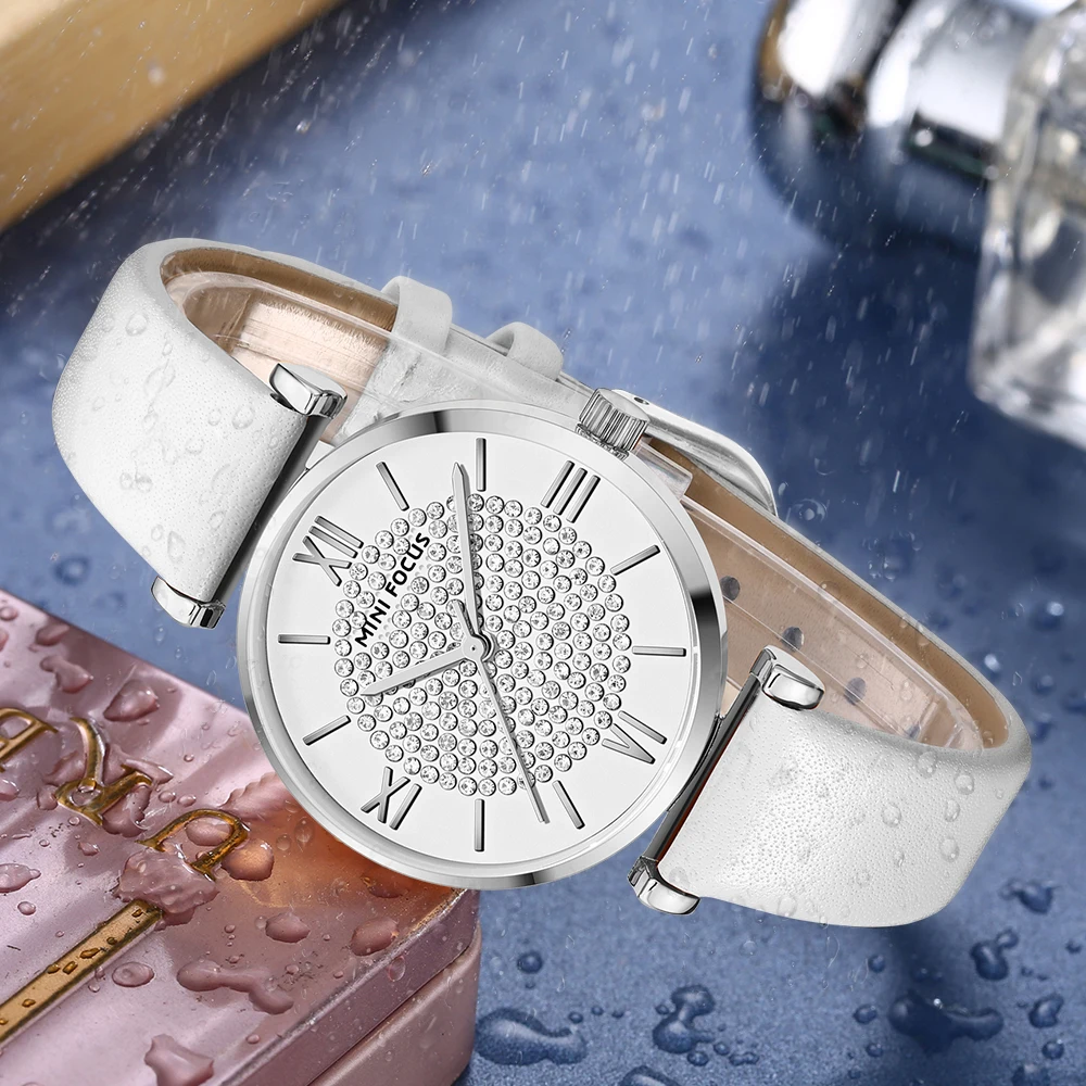 MINI FOCUS MF0334L Women Luxury Watch Diamonds Dial Brown Genuine Leather Strap Waterproof Ladies Quartz Watches