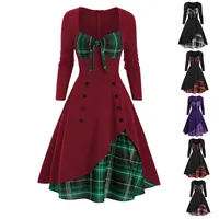 2023 Autumn/Winter Women's Clothing Long Sleeve Color Blocking Splicing Double Row Buttoning Large Wrap Dress Cross-Border