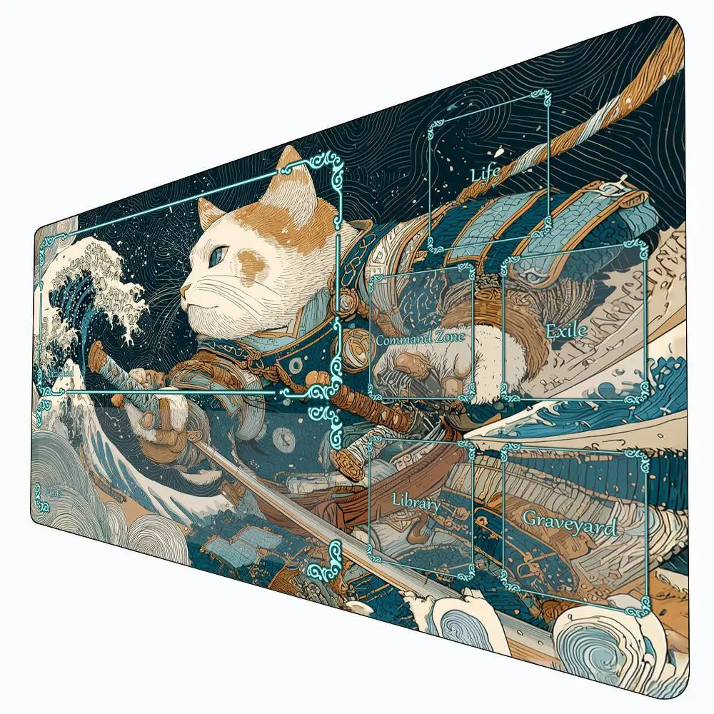 Ukiyo-e style cat warrior MTG Playmat Magic Card Battle Mat Non-Slip Durable 35X60CM Commander playmat Board Game Mat for TCG