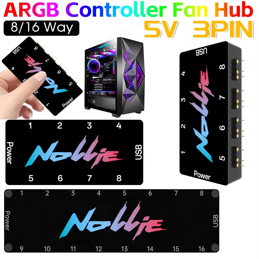 5V 3PIN ARGB Fan HUB Controller Support SignalRGB OpenRGB ARGB Fan Hub SATA Power 8/16 Way for Extended Motherboard Interface