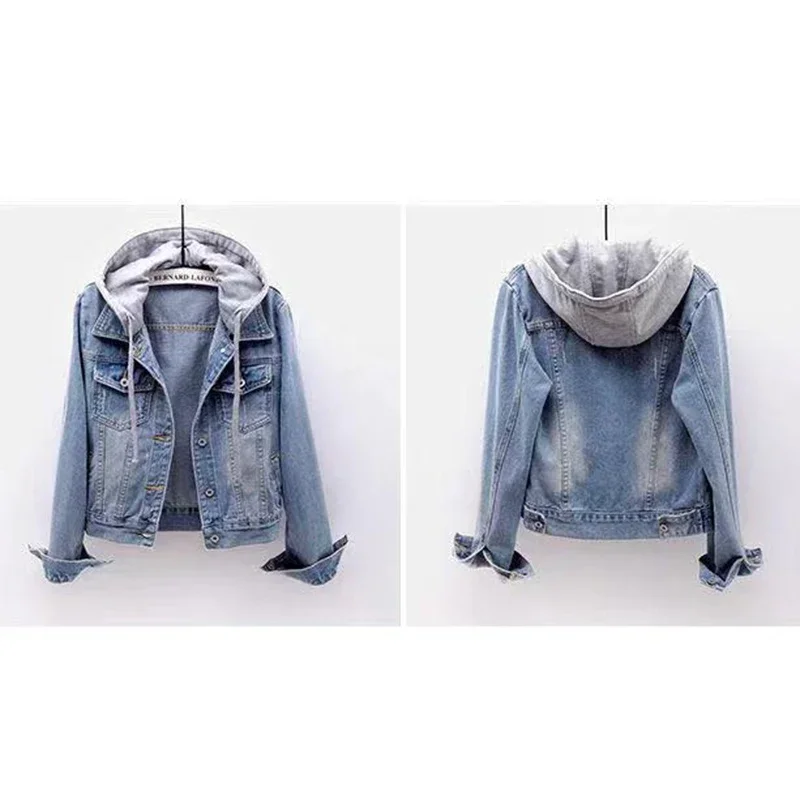 Denim Jacket Woman Hooded Short Style Clothing Retro Topcoat Pocket Buttons Long Sleeved  Loose Fitting Spring Winter Plus Size