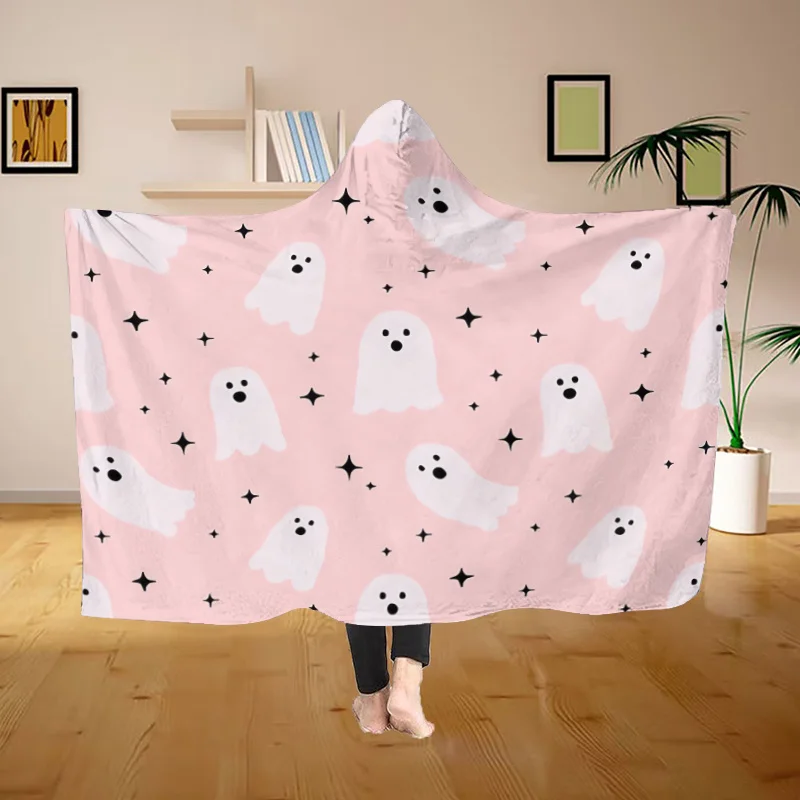 1pc Pink & White Print Hooded Flannel Blanket - Soft Cozy Wearable Shawl Throw with Cute Design, Machine Washable