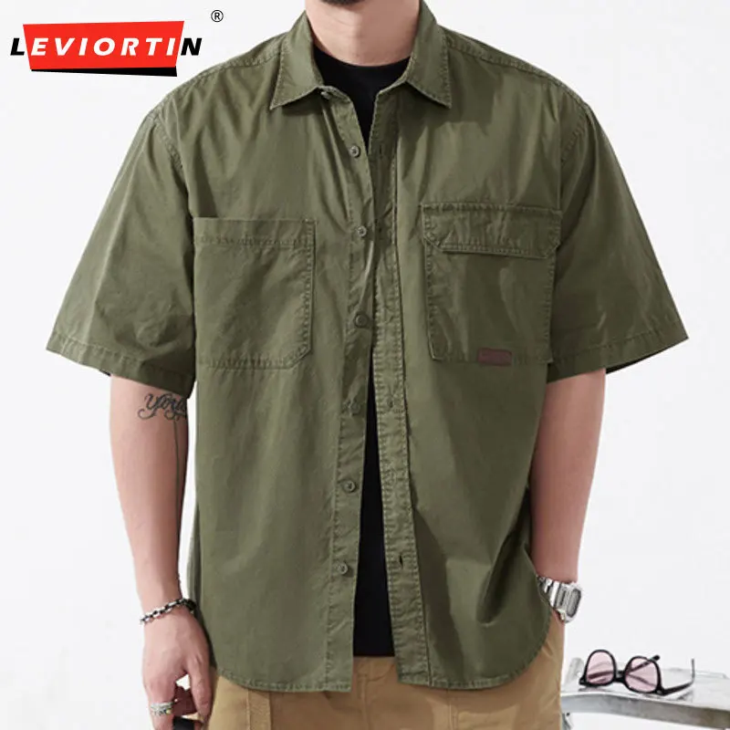 

summer new Japanese retro workwear short sleeved shirt men's loose casual American fashion trend versatile solid color shirt