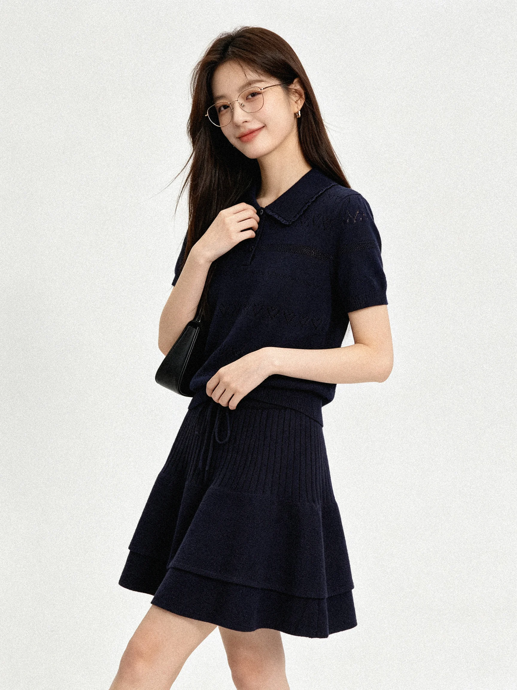 Korean Gentle Style Early Autumn Knitted Two-Piece Set High Waist Short Sleeve Turn-down Collar Drawstring Slimming Cake Skirt