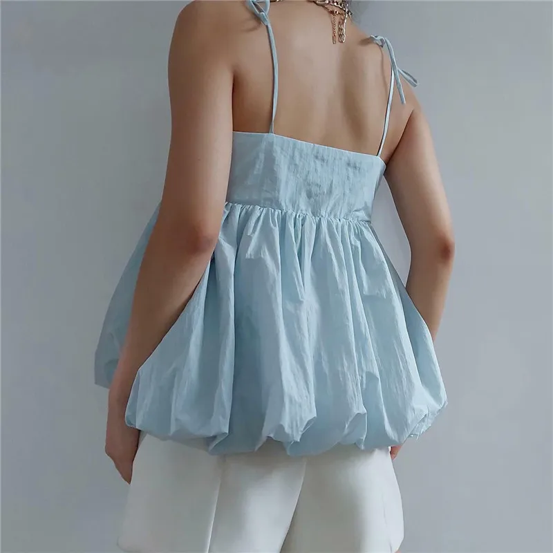 Women Summer Blossom Tops Sweet Sleevless Lace Up Shoulder Straps Pleated Puffy Babydoll Tank Tops Female Solid Color Camis Y2K