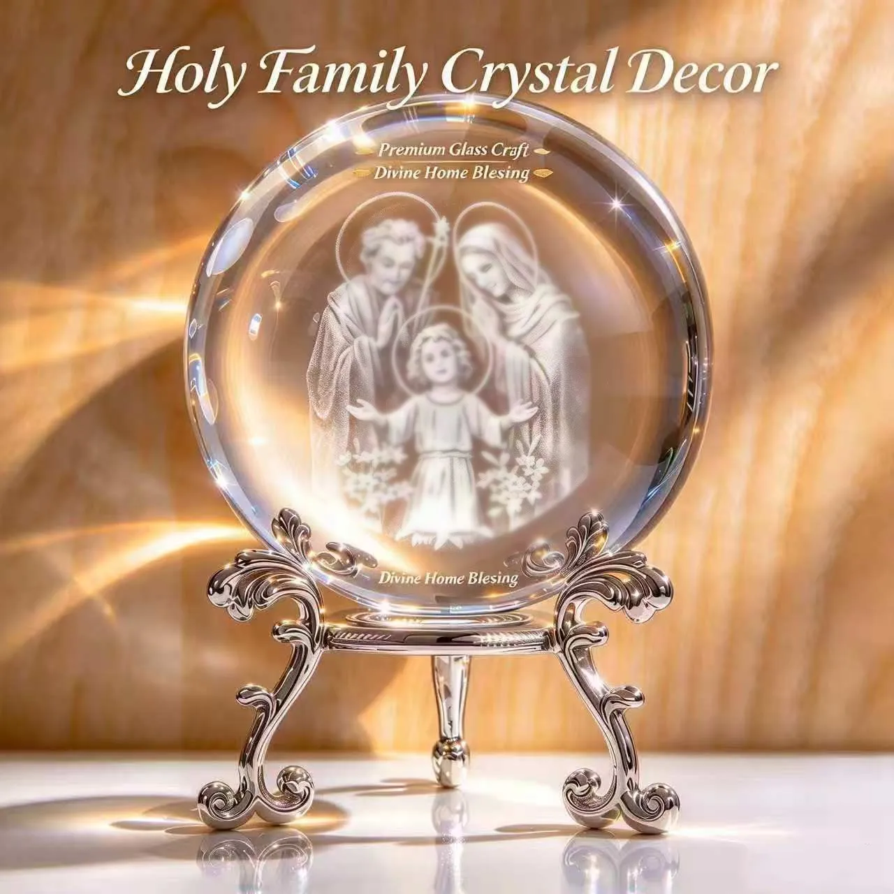 60mm K9 Glass Crystal Ball with Stand 3D Inner Engraving Holy Family Gift Christmas gift Laser precision engraving technology