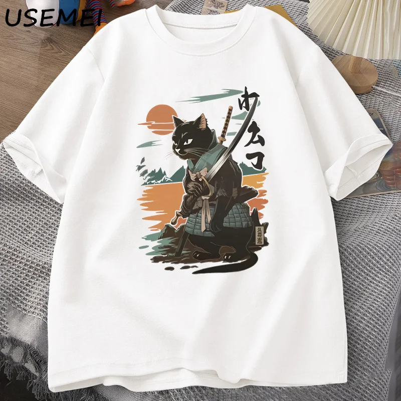Samurai Katze T-Shirt Japanischen Stil Katze Designer Vintage T-shirt Casual Männer Grafik T Shirts Baumwolle Kurzarm T Streetwear