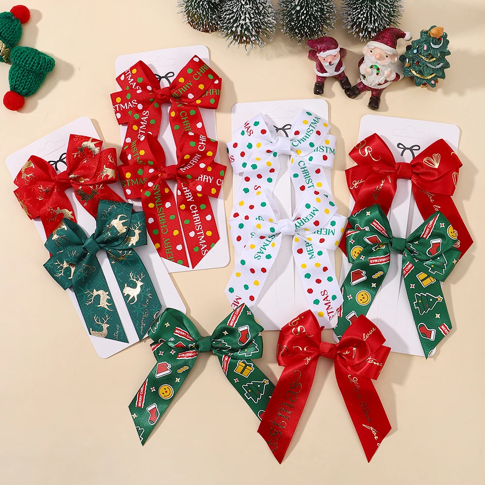 2Pcs/Set Christmas New Year Party Decor Hair Bows Girl Kids Christmas Decorations Supplies Baby Hair Accessories Gift Wholesale