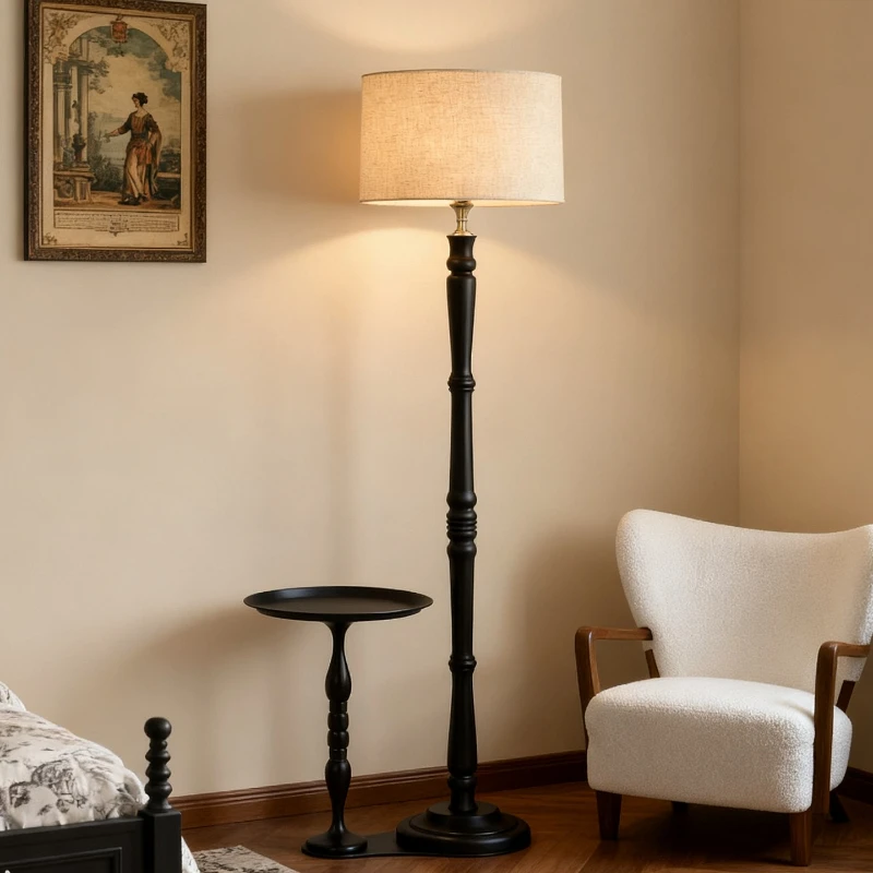 French Vintage Black Wooden Base LED Floor Lamps Rotundity Fabric Lampshade Living Room Bedroom Restaurant Office Standing Light