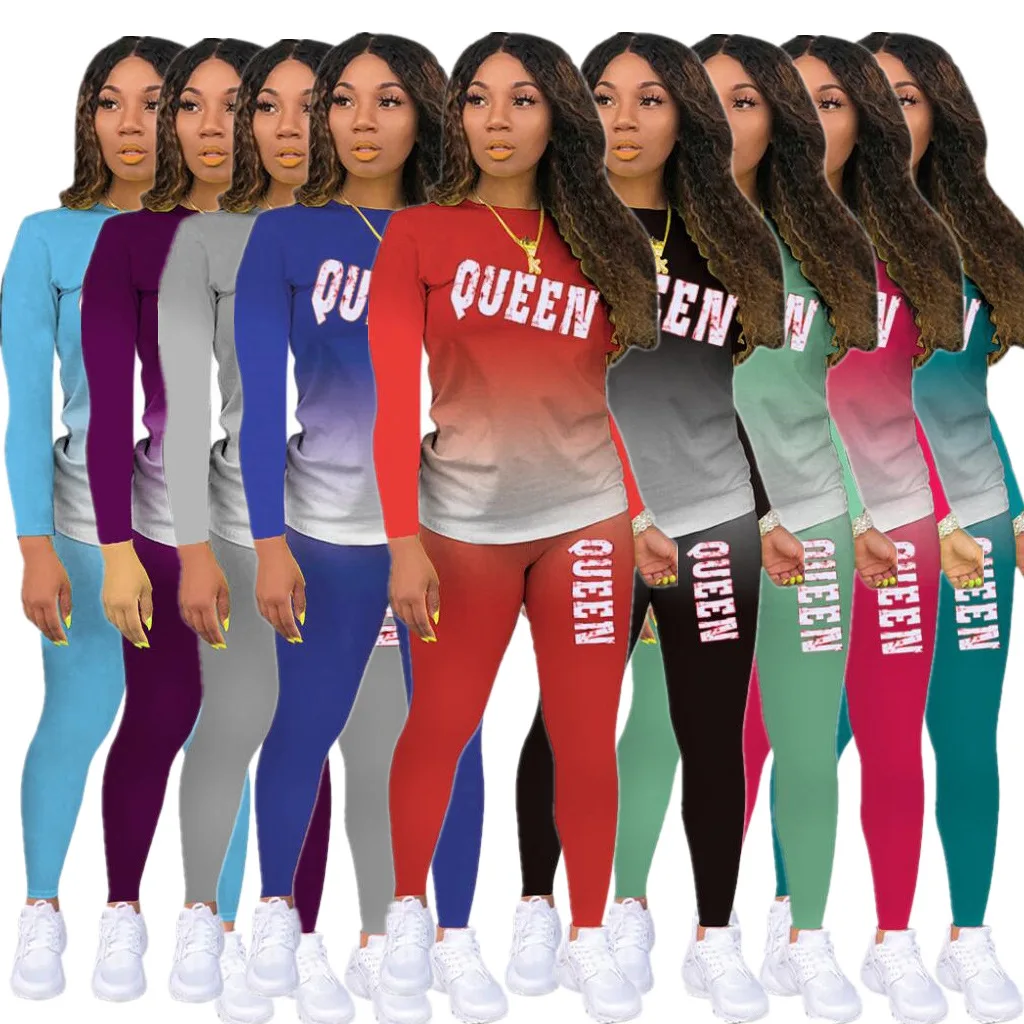 

Queen Print Women Tracksuit 2Pieces Set Gradient Long Sleeve and Sweatpants Set Spring Autumn Fashion Female Sportwear Plus Size