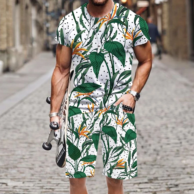 2022 Flowers and plants series Men's Sets Summer T-Shirt Suit Fashion 2 Piece Streetwear 3D Print Sports Beach Shorts Tracksuit