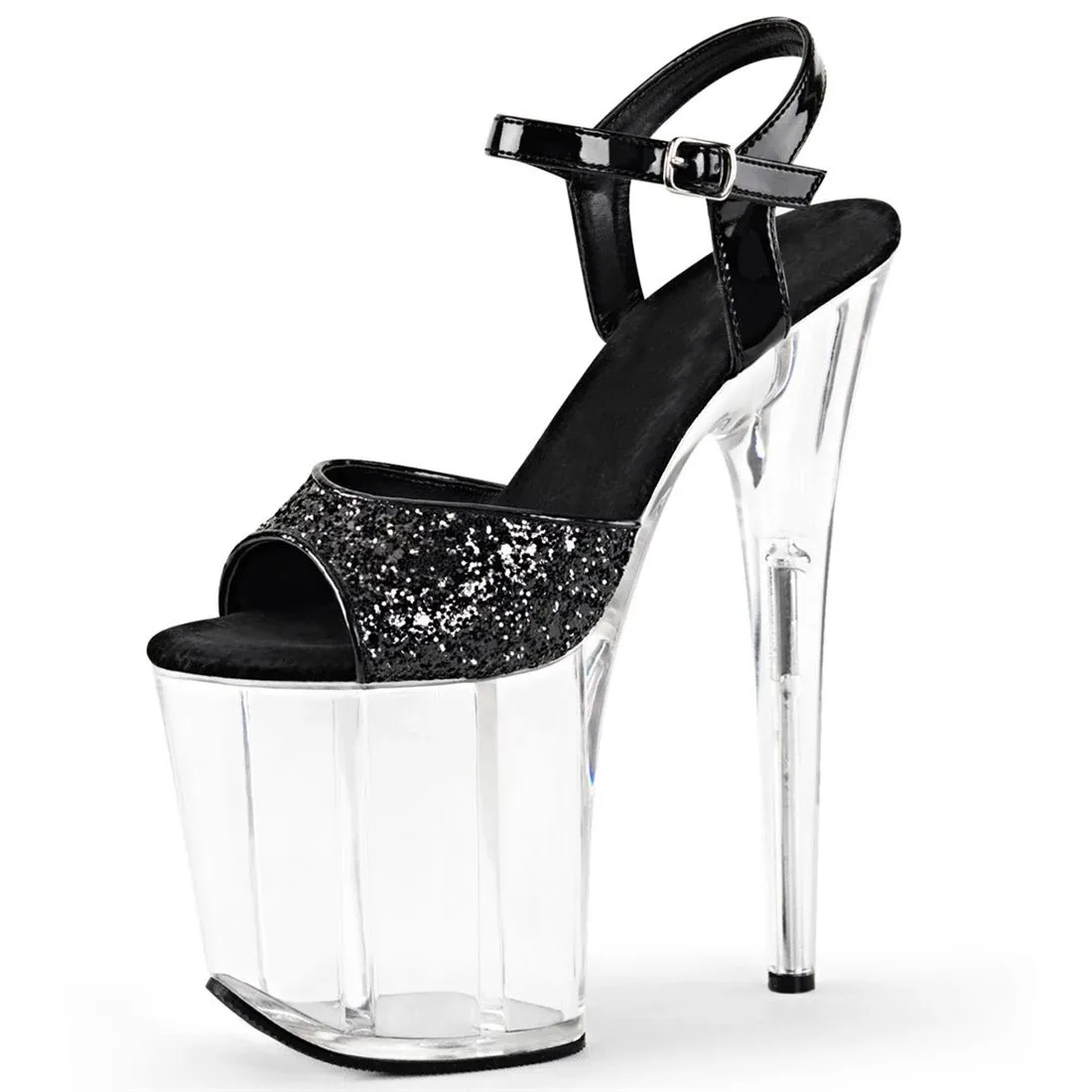 Women's Glitter Silver Crystal Heel Sandals 20CM Ultra High Thin Heels Open Toe Pumps Ankle Strap Stage Performance Party Shoes