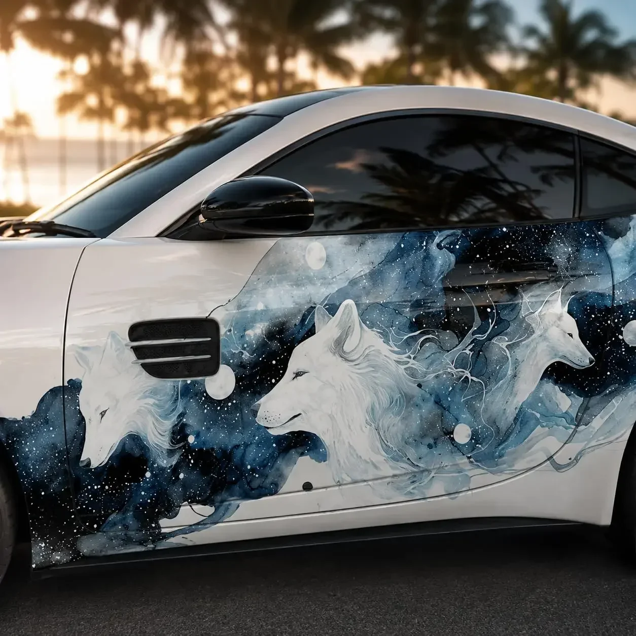 2pcs Galaxy Wolf Car Side Vinyl Wrap Decal, Blue Watercolor Art