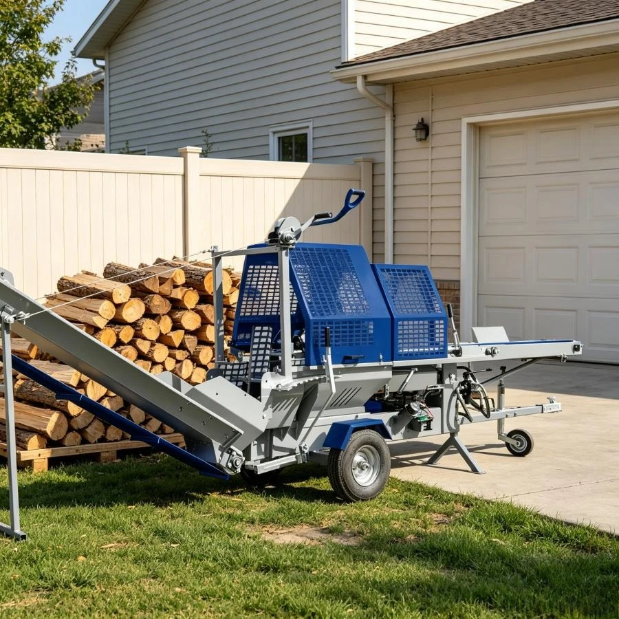 Heavy Duty Towable Wood Processing Machine with Conveyor Belts High Speed Firewood Log Splitter Cutter