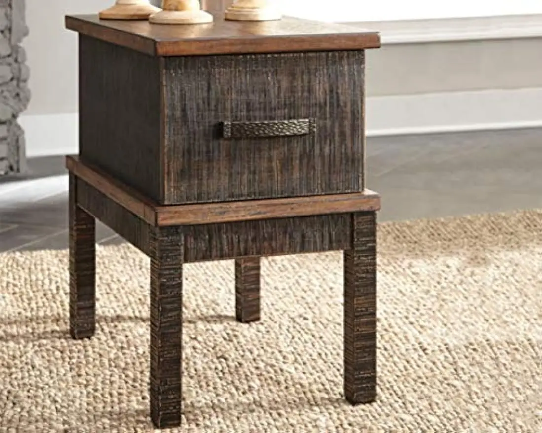 Chair Side End Table with 2 Outlets & 2 USB Charging Ports, Two-Tone Brown