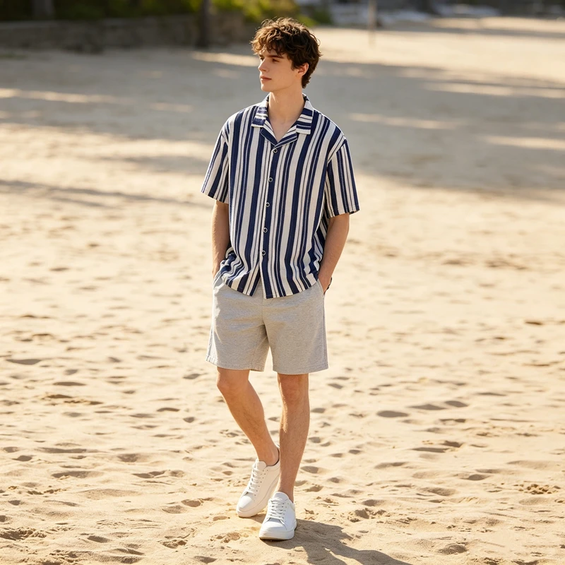 Retro Blau-Weiß Gestreifte Netzstrick-Hemden für Herren Ausgehöhlte Kurzarm-Strickjacke Sommer Hawaiianische Strandhemden Lässige Übergrößen-Hemden – Detail 3
