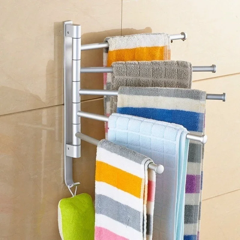 

Bathroom Kitchen Wall-mounted Towel Polished Rack Holder Hardware Stainless Steel Punch Free Foldable Rotating Towels Racks