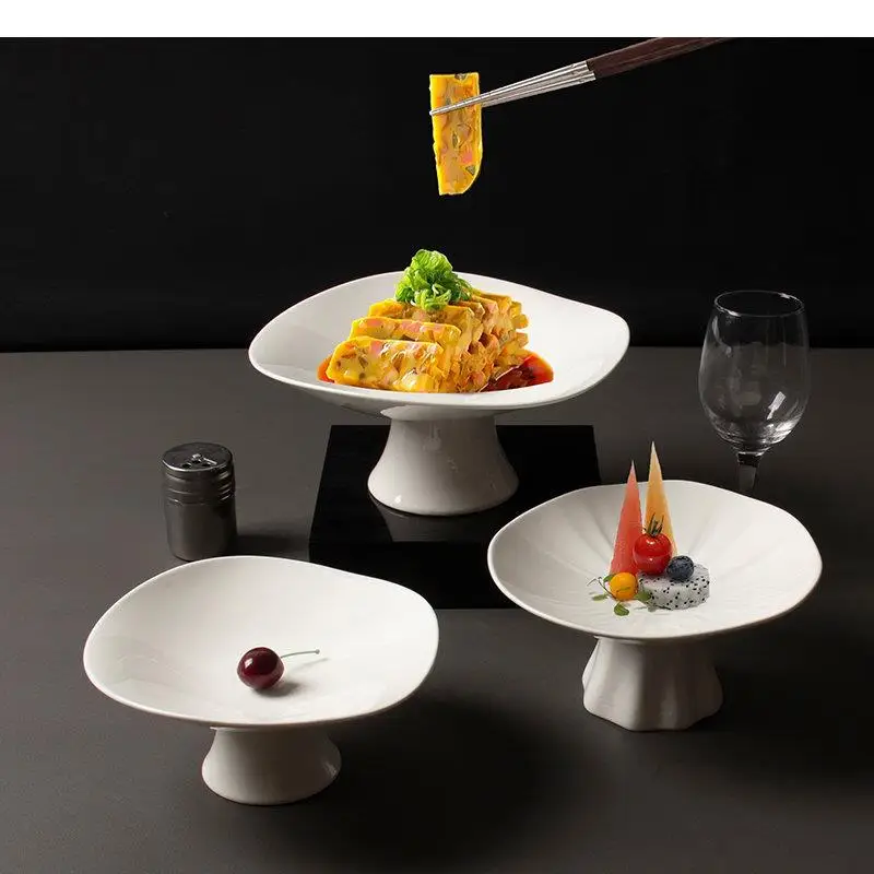 Pure White Simple Ceramic Main Dish Plate Hotel Restaurant Kitchen Special Tableware High-foot Fruit Salad