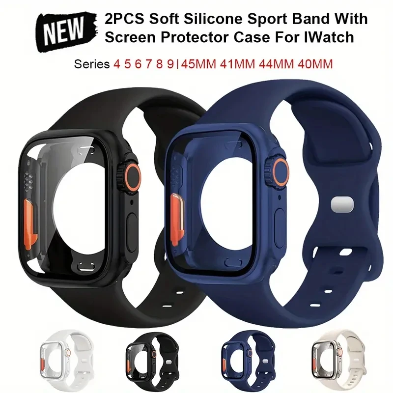 Conjuntos de 2 peças de pulseira esportiva de silicone macio com capa protetora de tela de PC para iWatch série 4/5/6/7/8/9/10 - Cobertura total, à prova d'água P