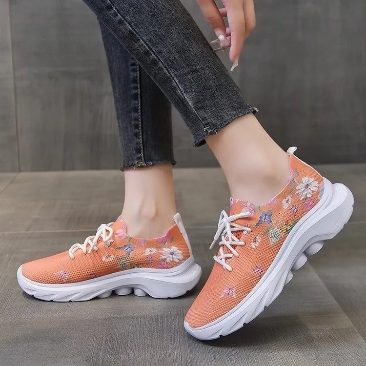 2024 Mesh Knitted Sneakers Women Lightweight Breathable Soft Running Shoes Woman Lace Up Printing Sock Shoes Zapatillas Mujer