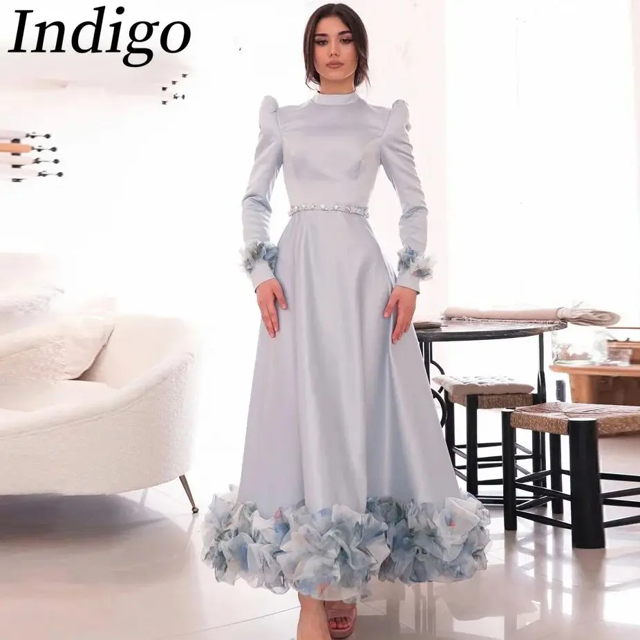 Indigo-Vestidos de Fiesta de cristal para mujer, vestido Formal de manga larga con cuello redondo, 2024