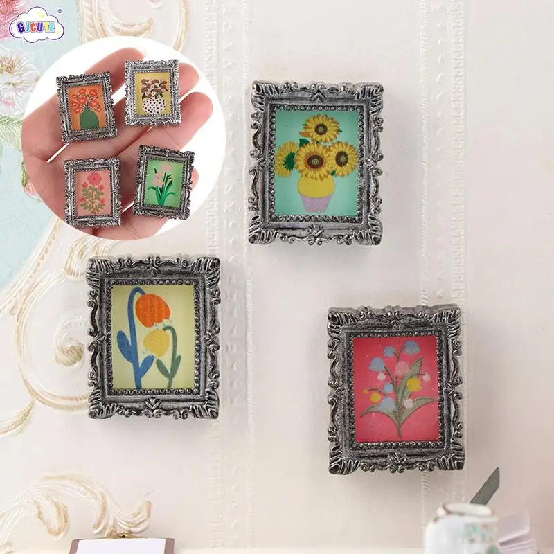 2pcs 1:12 Scale Dollhouse Miniature Frame Antique Manny Frame Oil Painting Diy Doll House Decoration Accessories