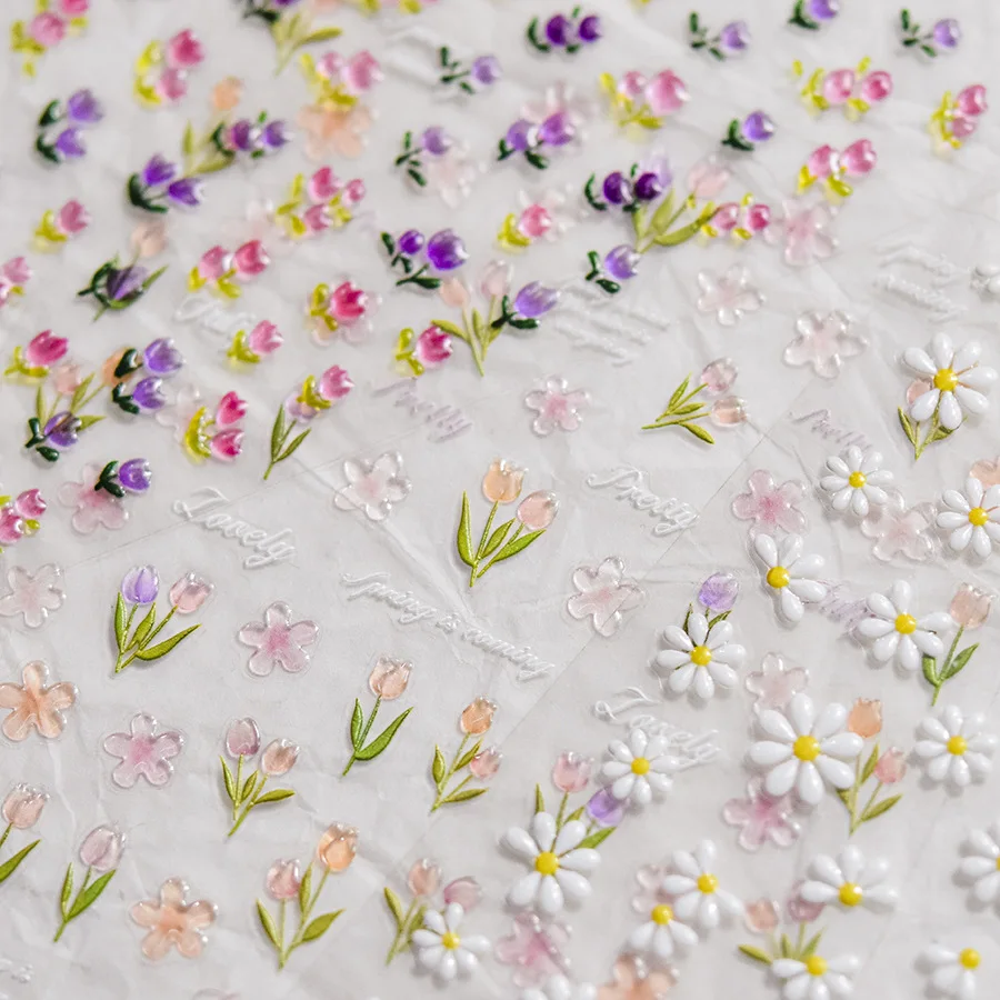 1pcs 5D Japanese Relief Tulip Nail Art Stickers Kawaii Daisy Flower Nail Decorations Decals Self Adhesive Slider DIY Accessories