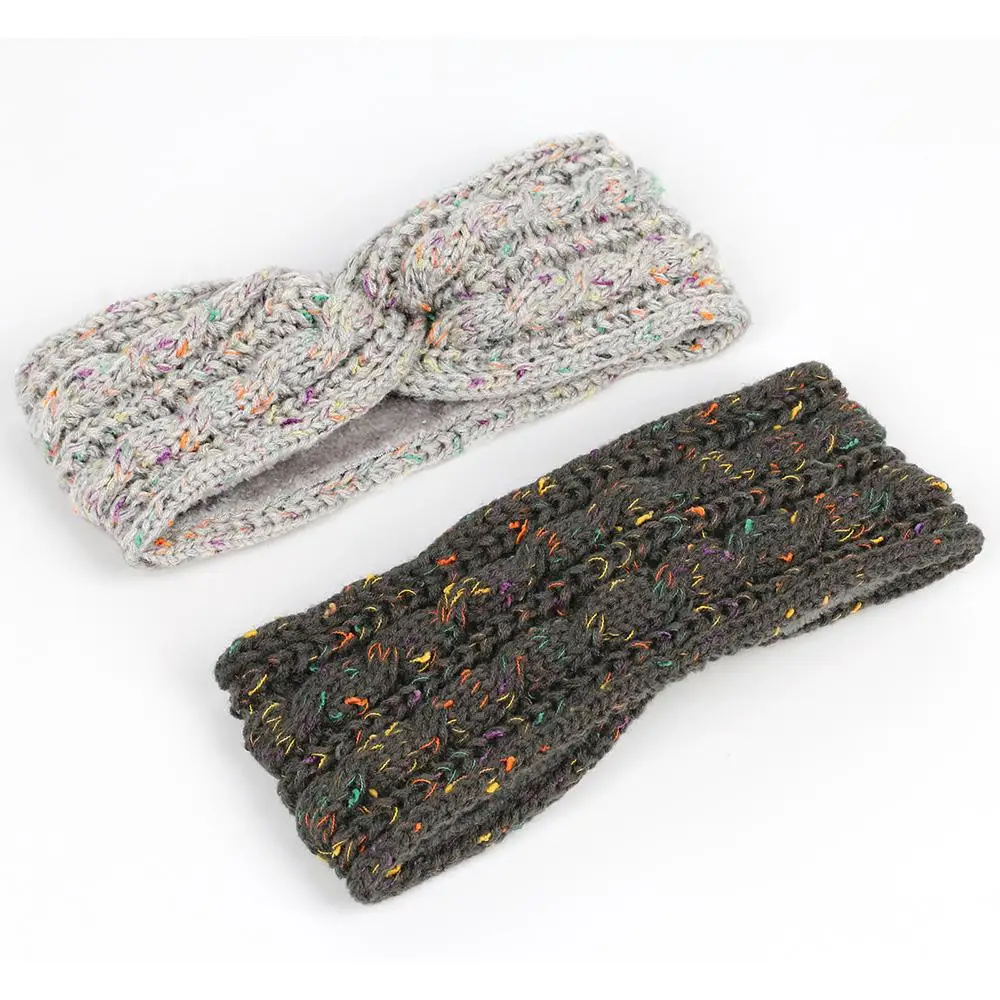 Autumn Winter Women Wool Knitting Headband Colorful Twist Wool Yarn Hairband Plush Lined Elastic Turban Ear Warmer Headwrap