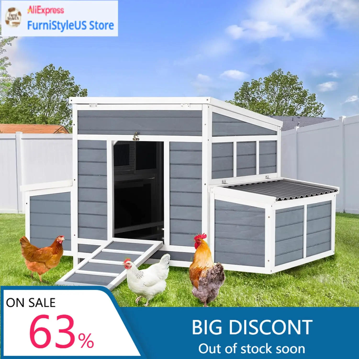 

56" Chicken Coop, Large Wooden Chicken House with 6 Nesting Boxes, Outdoor Hen House Chicken Hutch, Poultry Pet Cage for Lawn Ba