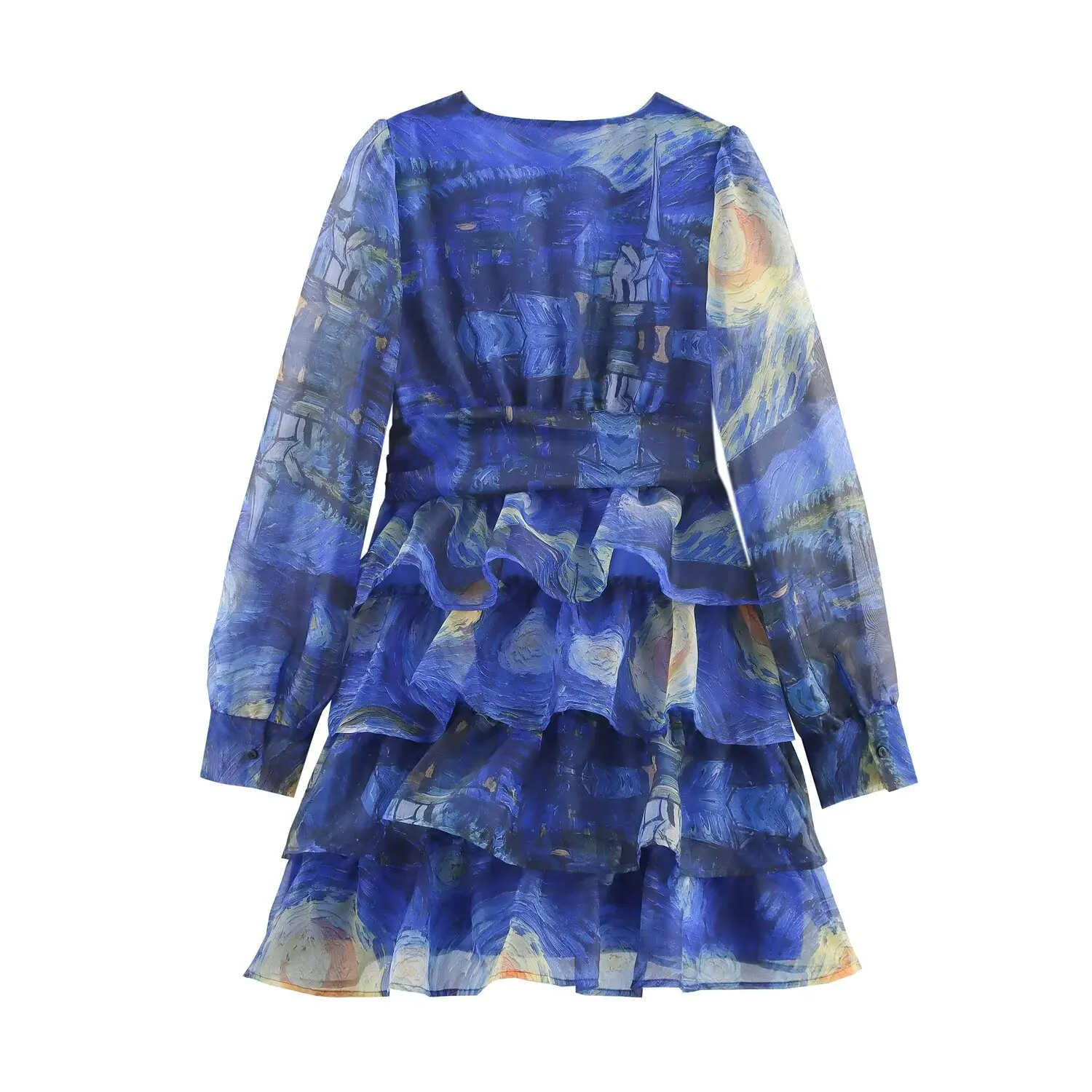 2025 estilo de férias verão vestido curto feminino retro manga longa com decote em v céu estrelado impressão organza vestido em camadas