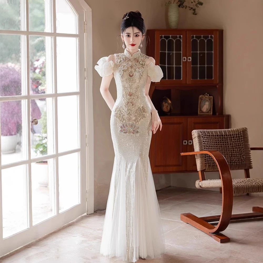 

Shiny Sequins Cheongsam Evening Dress Women Half-Collar Luxury Off Shoulder Beaded Slim Prom Gown Tulle FishTail Wedding Dresses