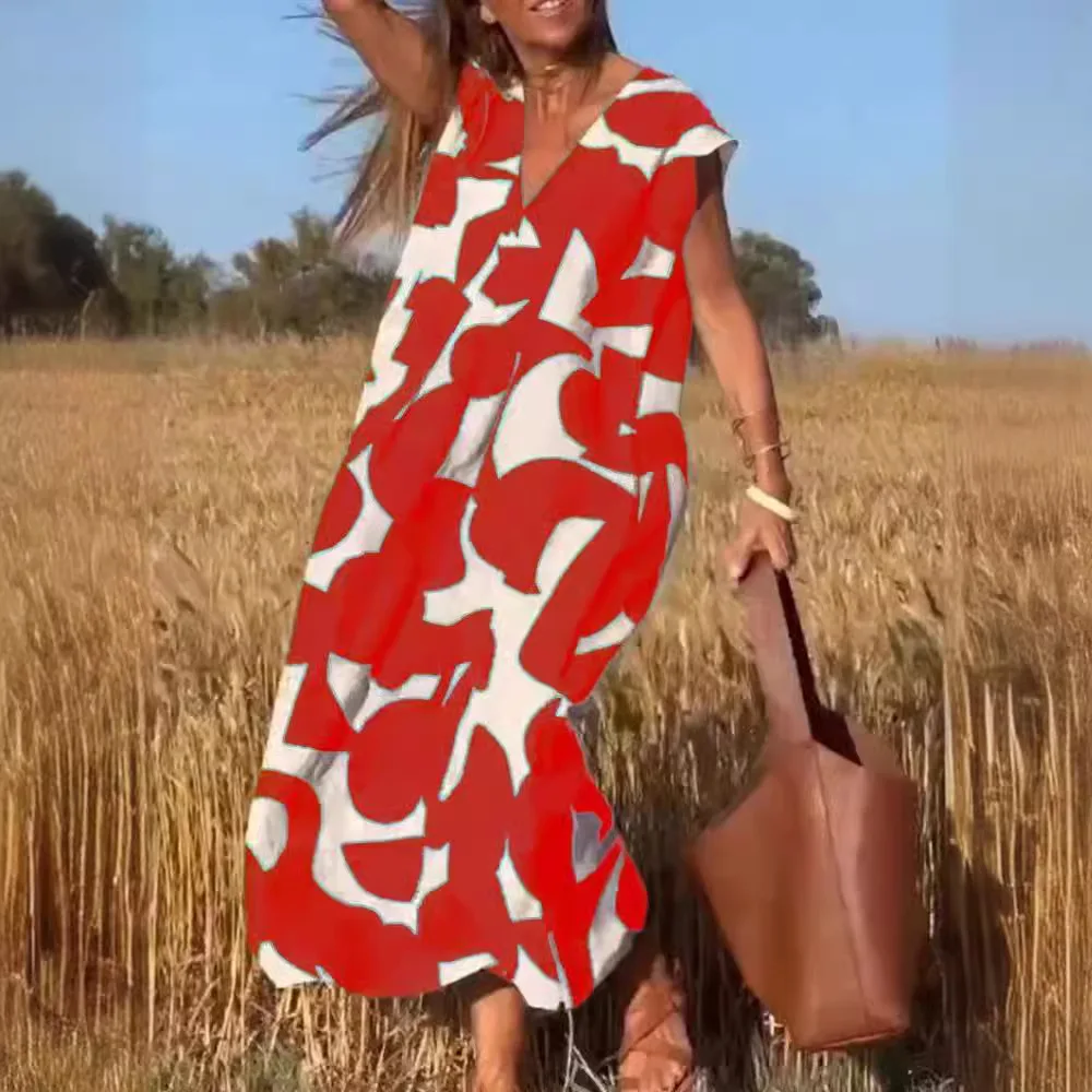 2024 Estate Casual Boho Abito stampato Scollo a V Manica corta A Line Dress Casual Allentato Flowy Swing Abiti lunghi per le donne Eleganti