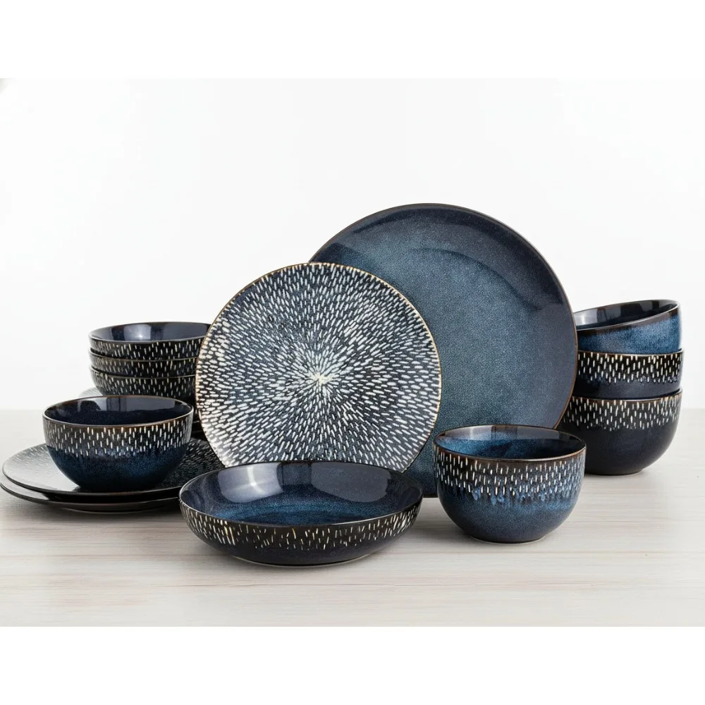 

16-Piece Reactive Glaze Dinnerware Set - Blue Stoneware Plates & Bowls for 4, Microwave & Dishwasher Safe