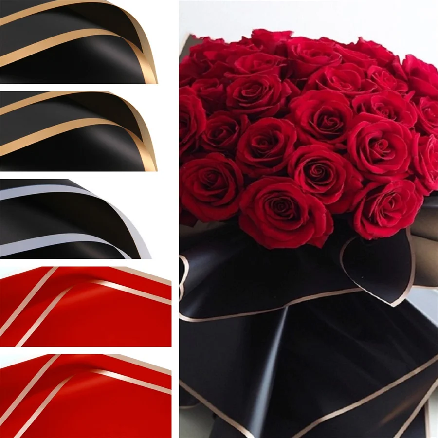 40pcs Black Gold Edge Rose Flower Wrapping Paper Korean Style Gift Wrap Florist Bouquet Wrapping Paper