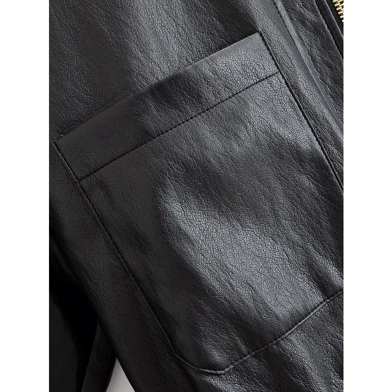 Guobioziy New Women's Classic Commuter Style Versatile High End Two Tone PU Leather Short Jacket Zipper Closure Polyester Fiber