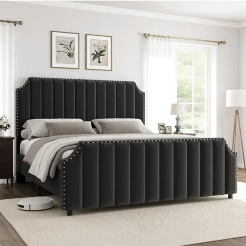 

50.2" King Size Bed Frame w/Headboard, Bed Frame King with Vertical Channel Tufted Headboard & Footboard, No Box Spring Needed