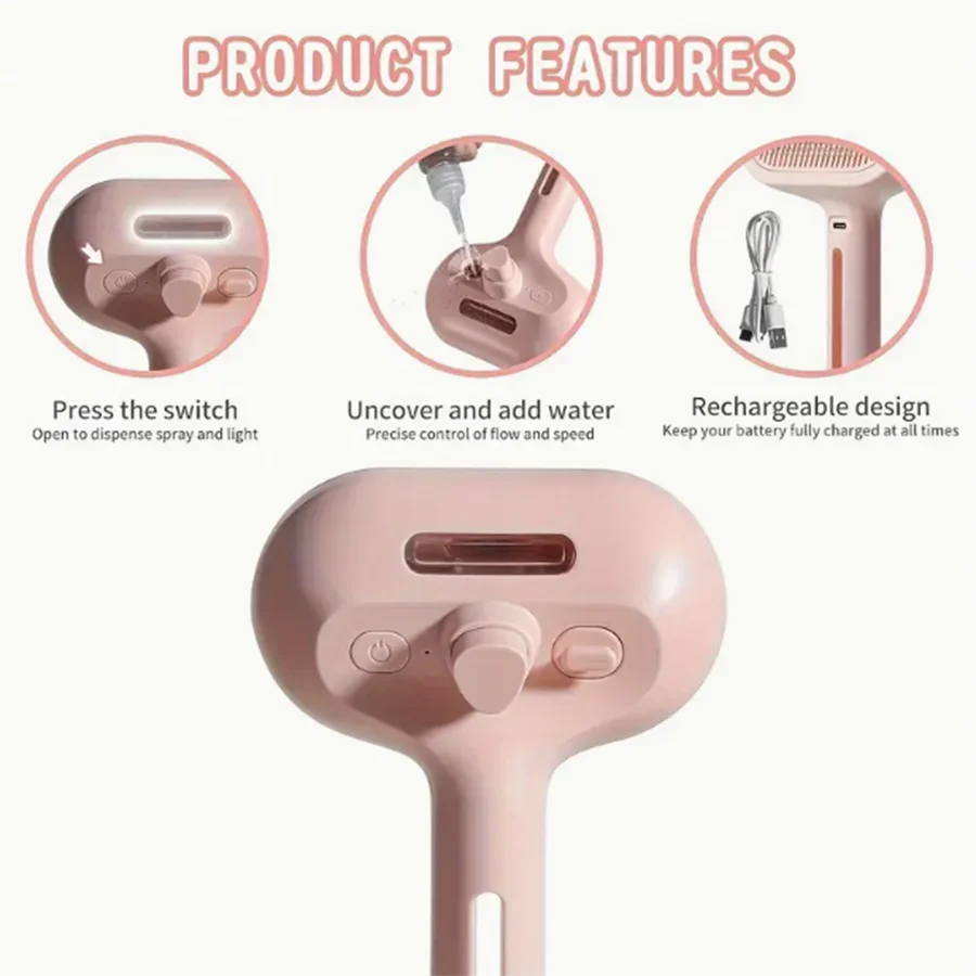 A Spray Cat Brush for Hair Removal and a Self-Cleaning Cat Brush with Dual Functions (Built-in Water Tank Is Used to Remove the