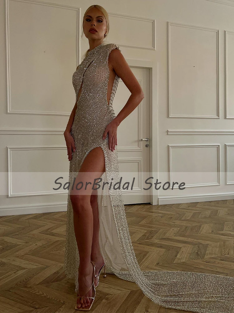 2023 Evening Dresses Sparkly Diamonds High Collar Luxury Women\'s Evening Gown Mermaid Sleeveless Side Slit Sexy Party Dress Long